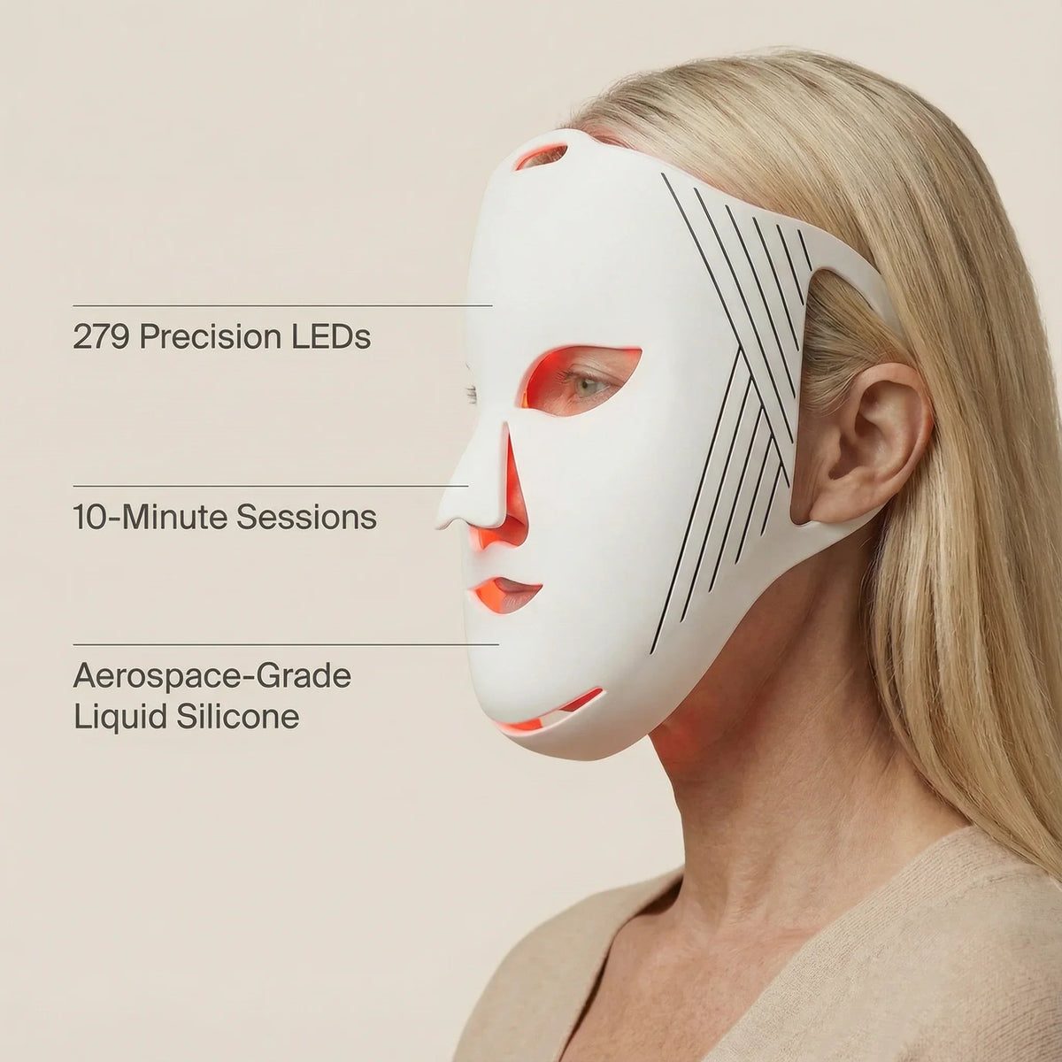 Profile view of the Nicebeam LED face mask with 279 LED and 10 minute session labels