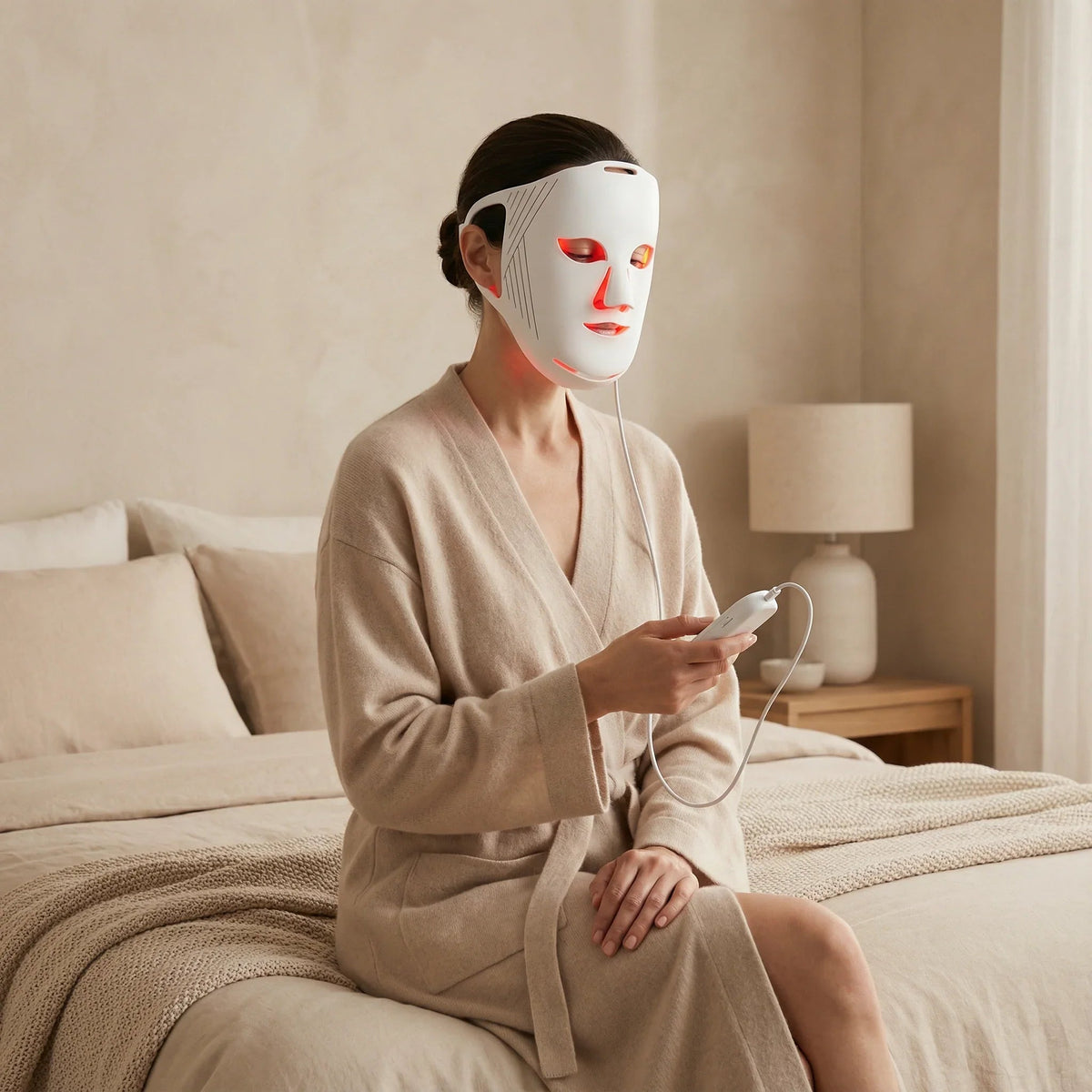 Woman wearing the Nicebeam LED face mask during an at home session