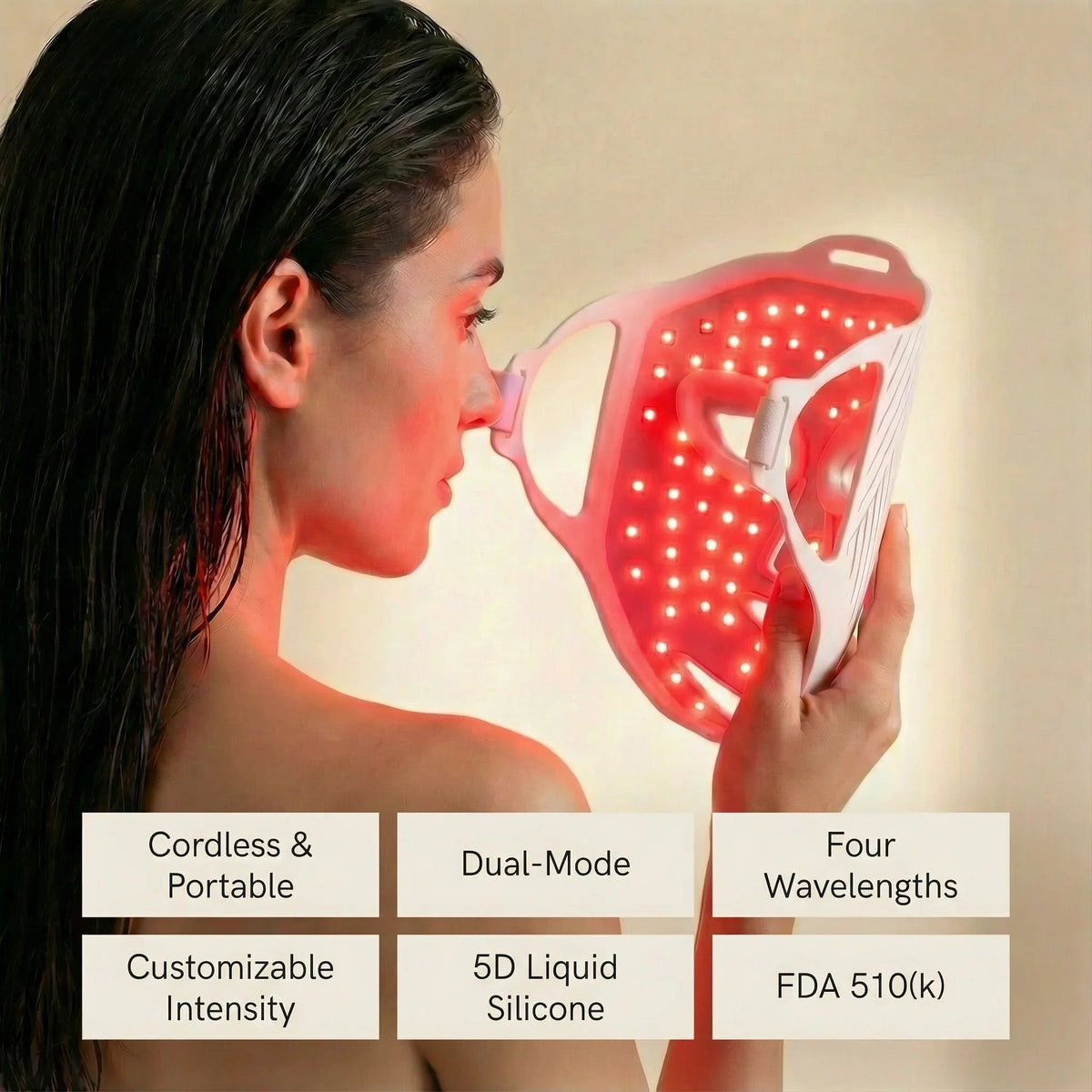 Woman holding an illuminated Nicebeam LED face mask beside its feature labels