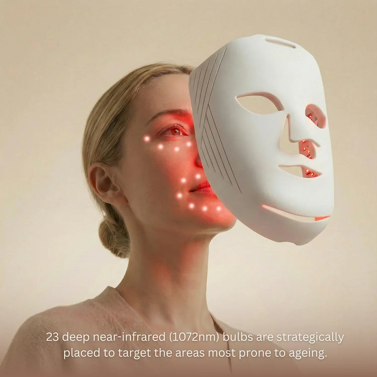 Woman holding the Nicebeam LED face mask beside a deep near infrared bulb placement graphic