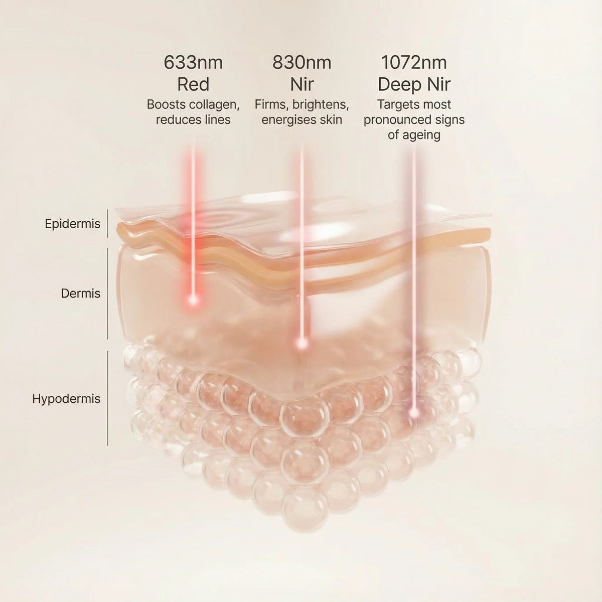 Diagram showing 633, 830 and 1072 nm light at different skin depths