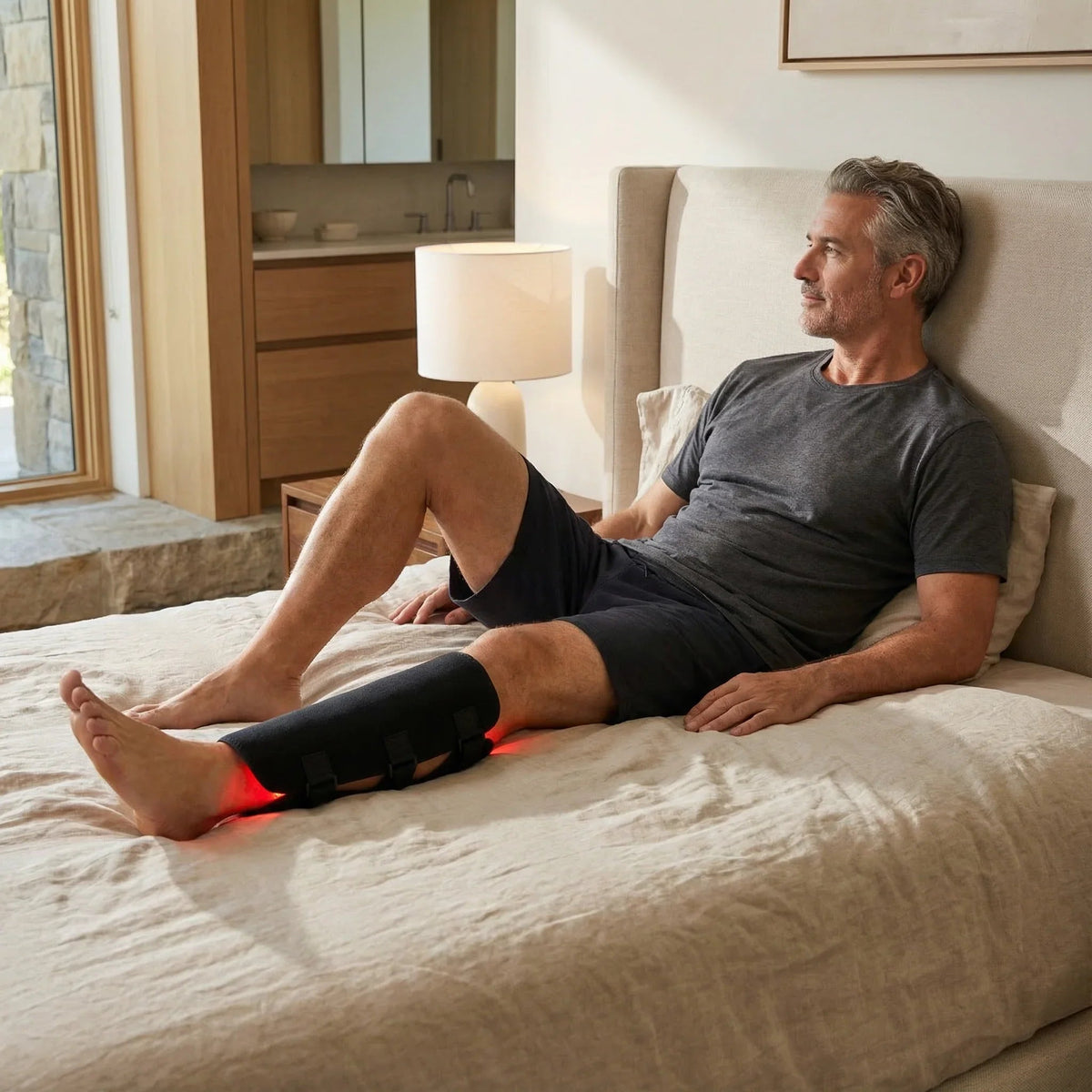 Man seated on a bed using the Nicebeam Leg Wrap Pro around his calf