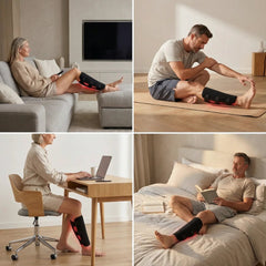 People using the Nicebeam Leg Wrap Pro while relaxing, stretching, working and reading at home