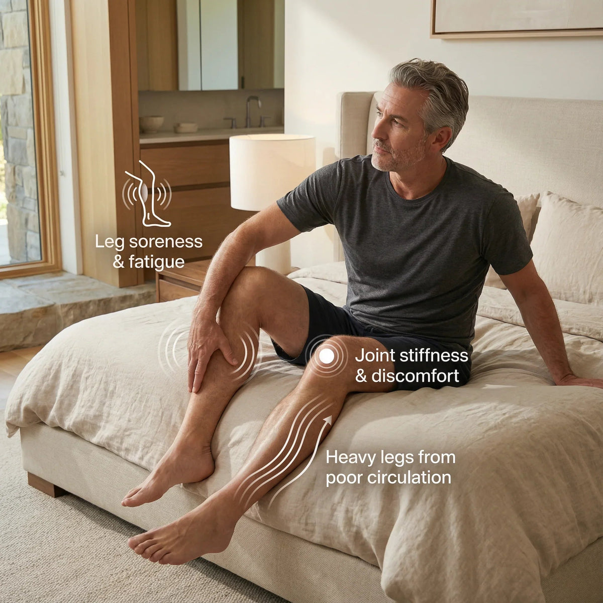 Lifestyle graphic highlighting leg soreness, joint stiffness and heavy legs