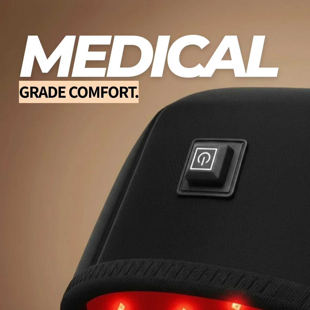 Close-up of the power button on the Nicebeam Red Light Therapy Hat