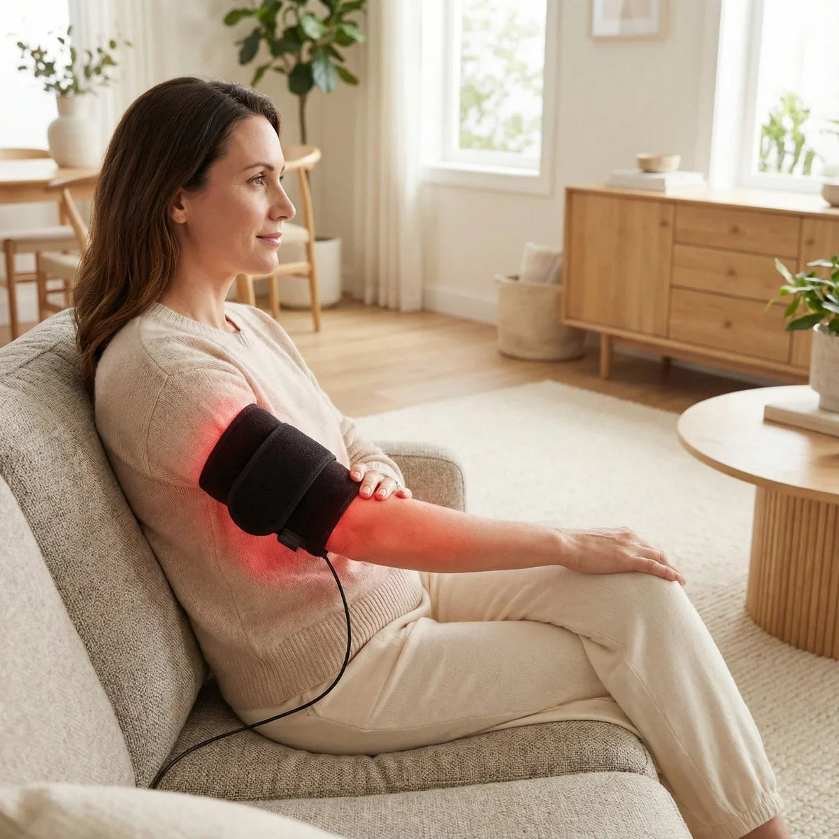 Woman on a sofa wearing the Nicebeam red light armband on her upper arm