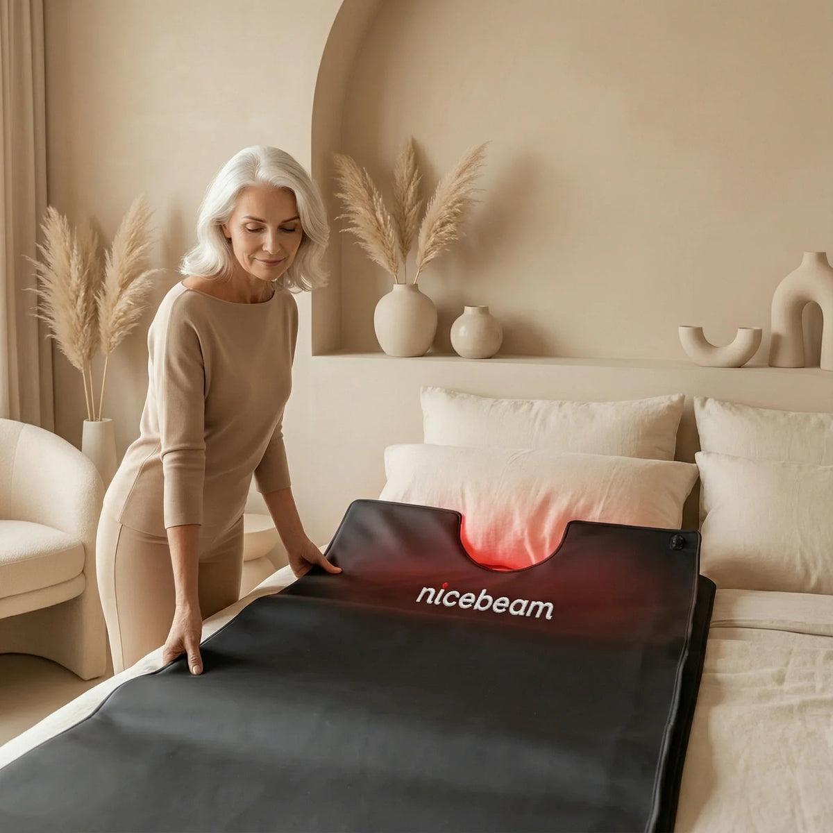 Woman unfolding the Nicebeam red light therapy bag on a bed