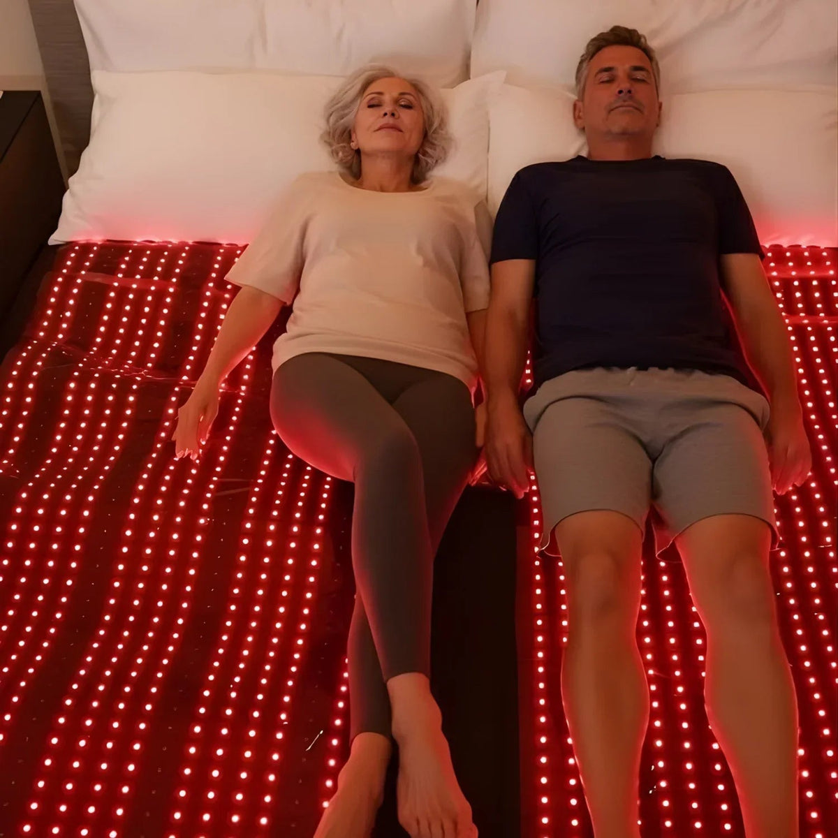 Couple lying on a full body red light therapy bag