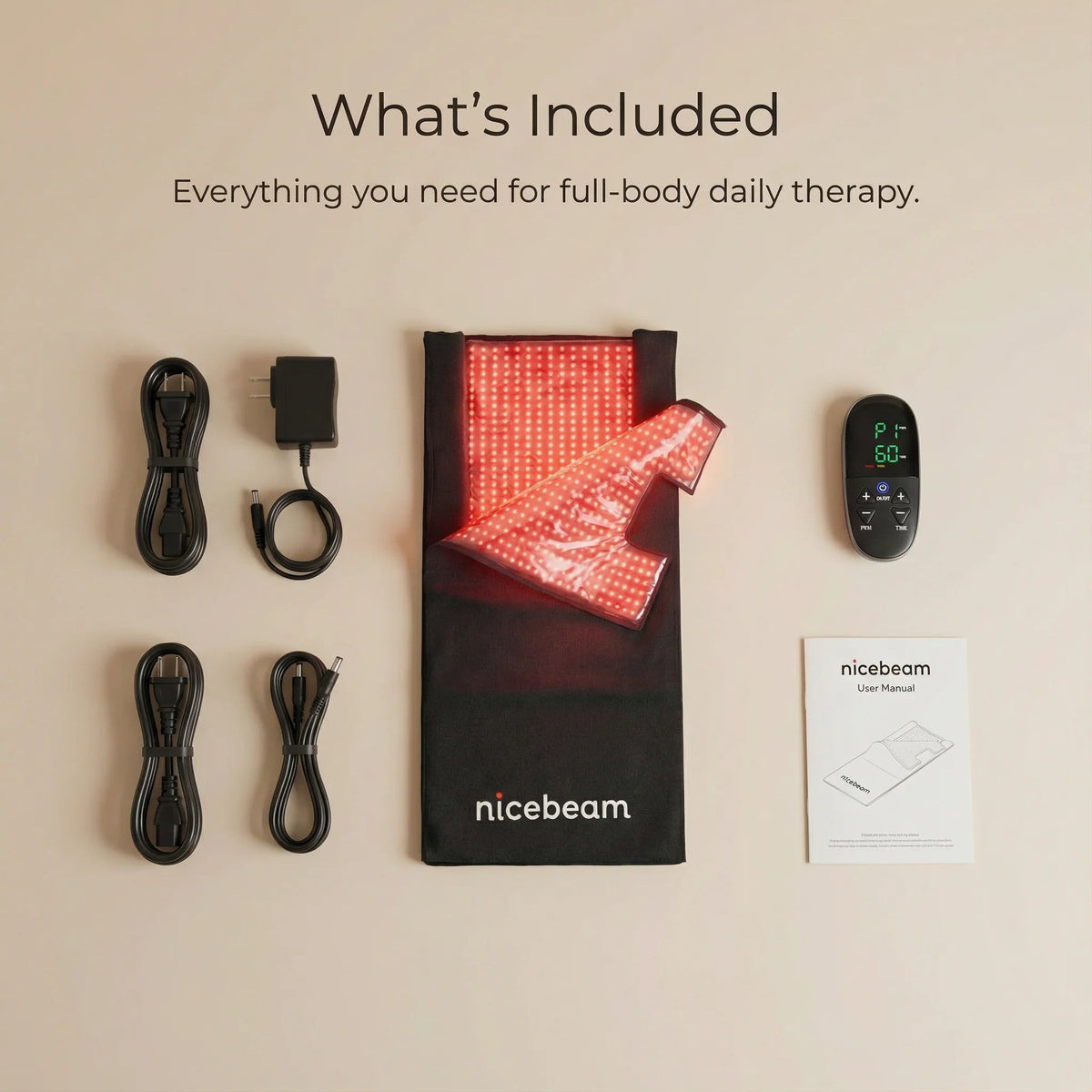 Nicebeam red light therapy bag with power cords, adapters, controller and user manual