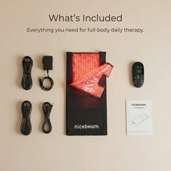 Nicebeam red light therapy bag with power cords, adapters, controller and user manual