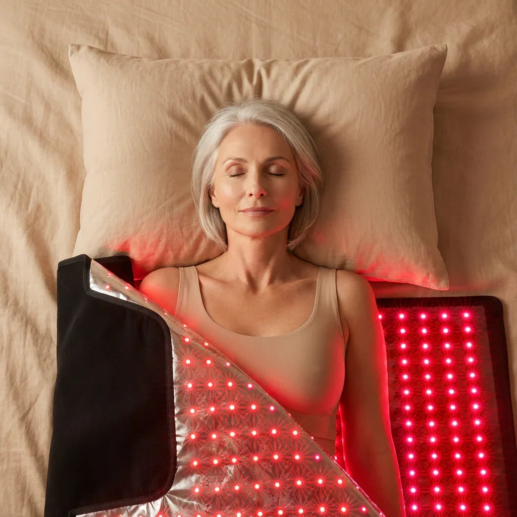 Woman using the U neck Nicebeam red light therapy bag
