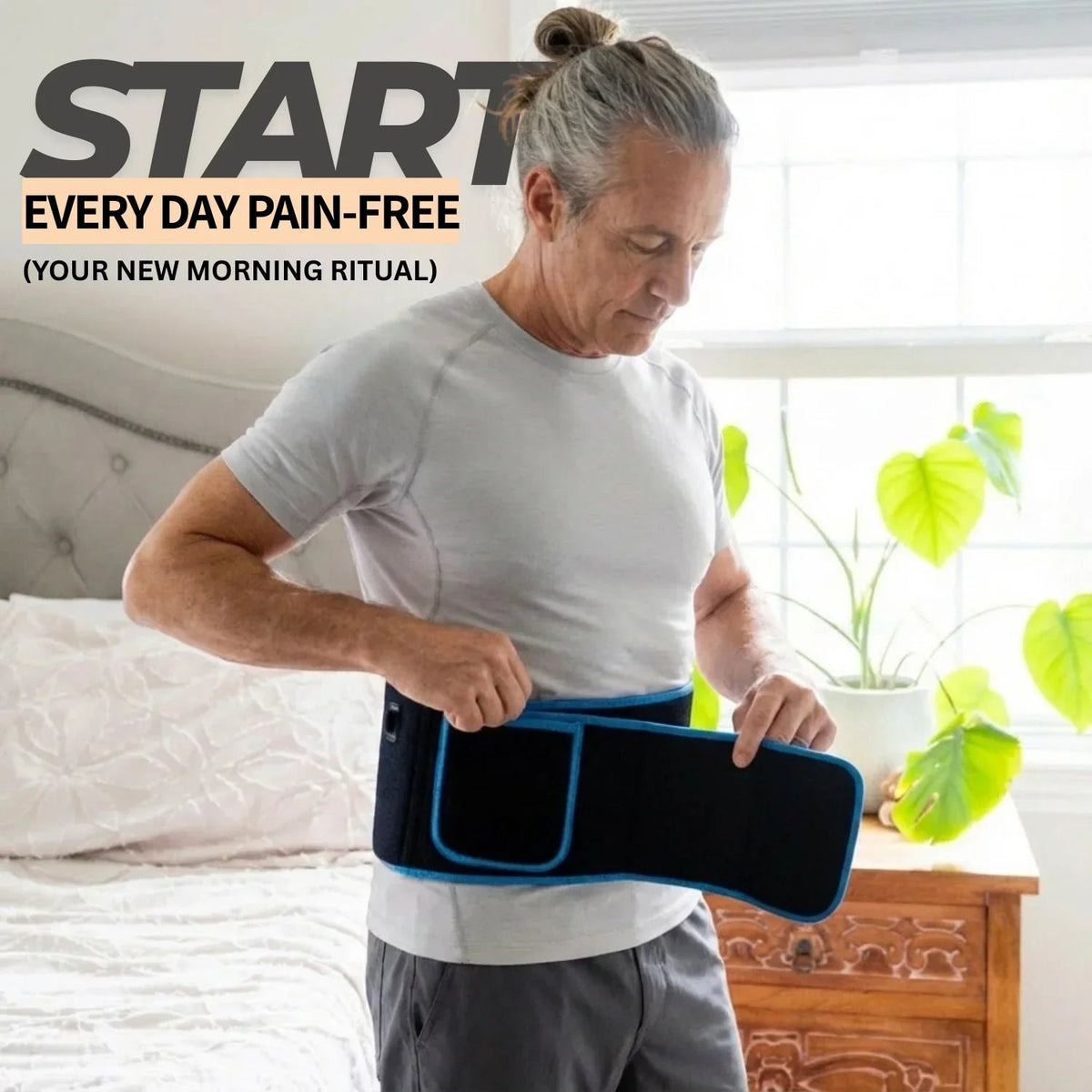 Man wearing the Nicebeam Therapy Belt around his waist during a morning routine