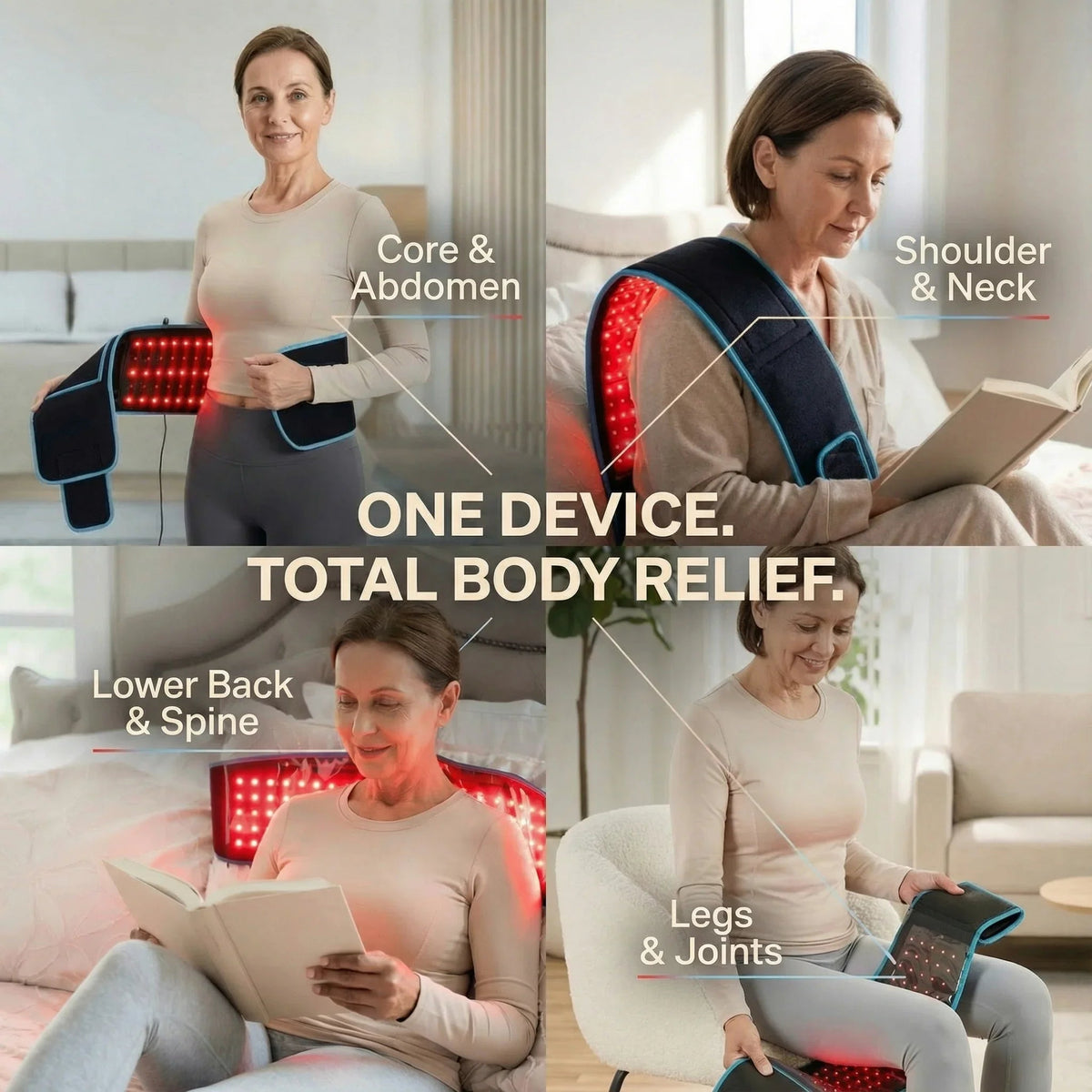 Nicebeam Therapy Belt shown positioned across several areas of the body