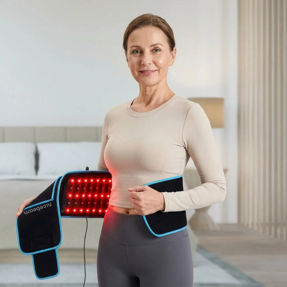 Woman wearing the Nicebeam Therapy Belt around her waist at home