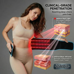 Woman wearing the Nicebeam Therapy Belt around her waist with the LEDs illuminated