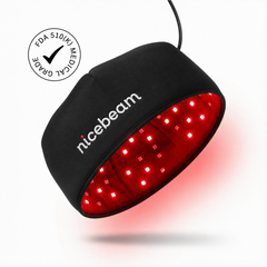 Nicebeam Red Light Therapy Hat in black with red LEDs glowing inside
