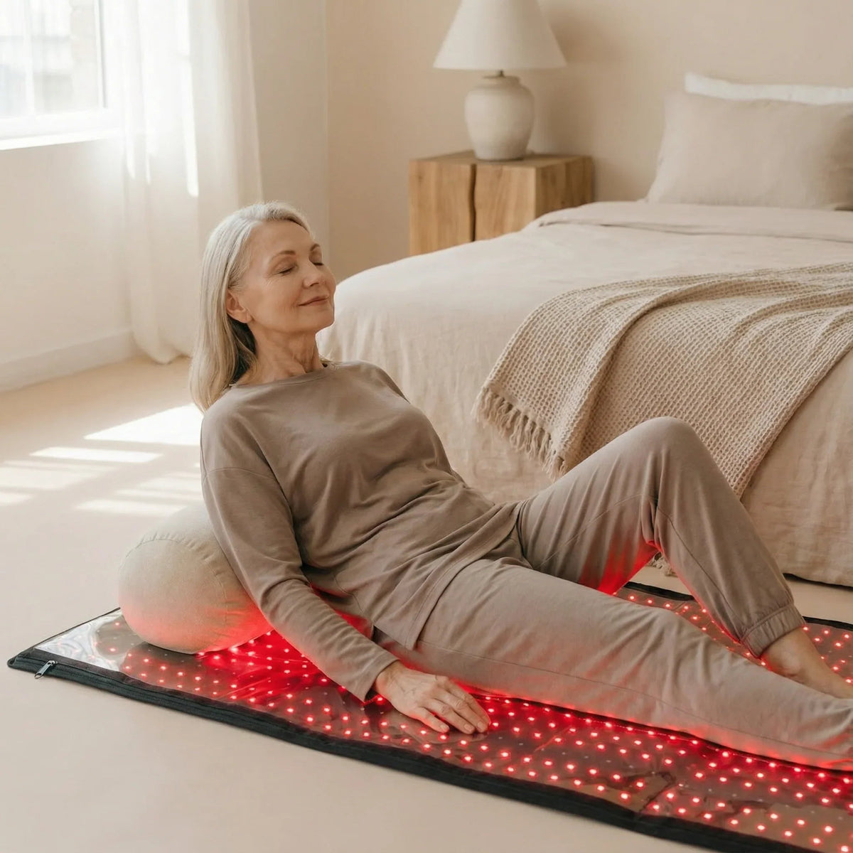 Woman reclining on the Nicebeam red light therapy mat at home
