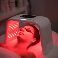 Woman using the Nicebeam Time Machine for a facial LED light session