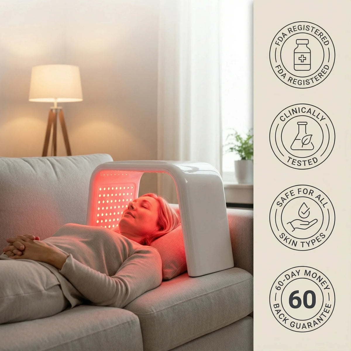 Woman using the Nicebeam Time Machine during a red light session beside product badges