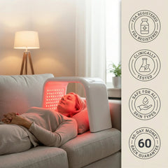 Woman using the Nicebeam Time Machine during a red light session beside product badges