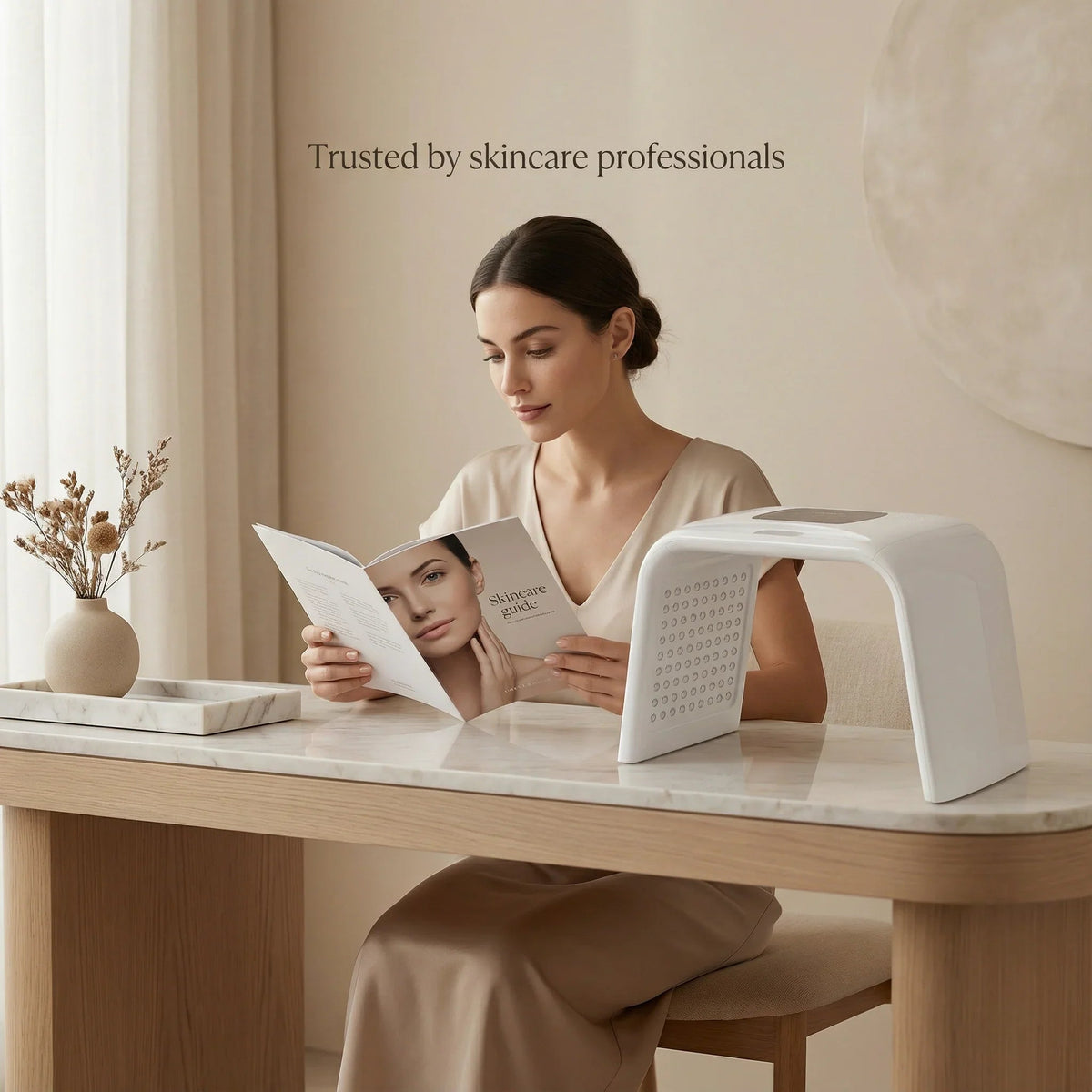 Woman reading a skin care guide beside the Nicebeam Time Machine