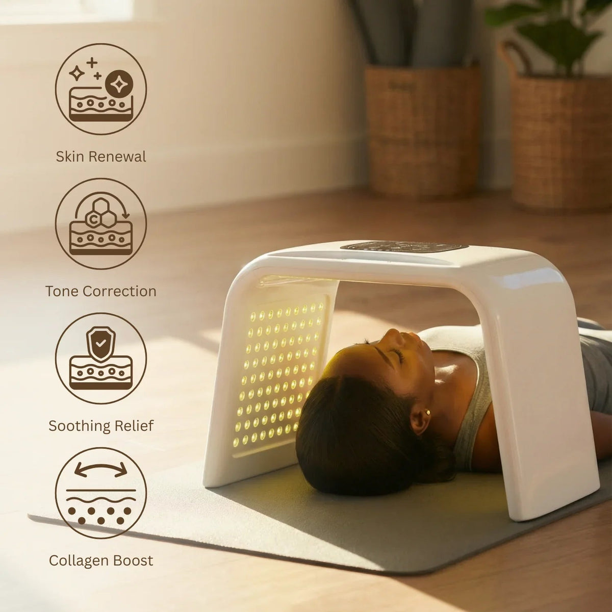Nicebeam Time Machine in a yellow light facial session beside skin care feature icons