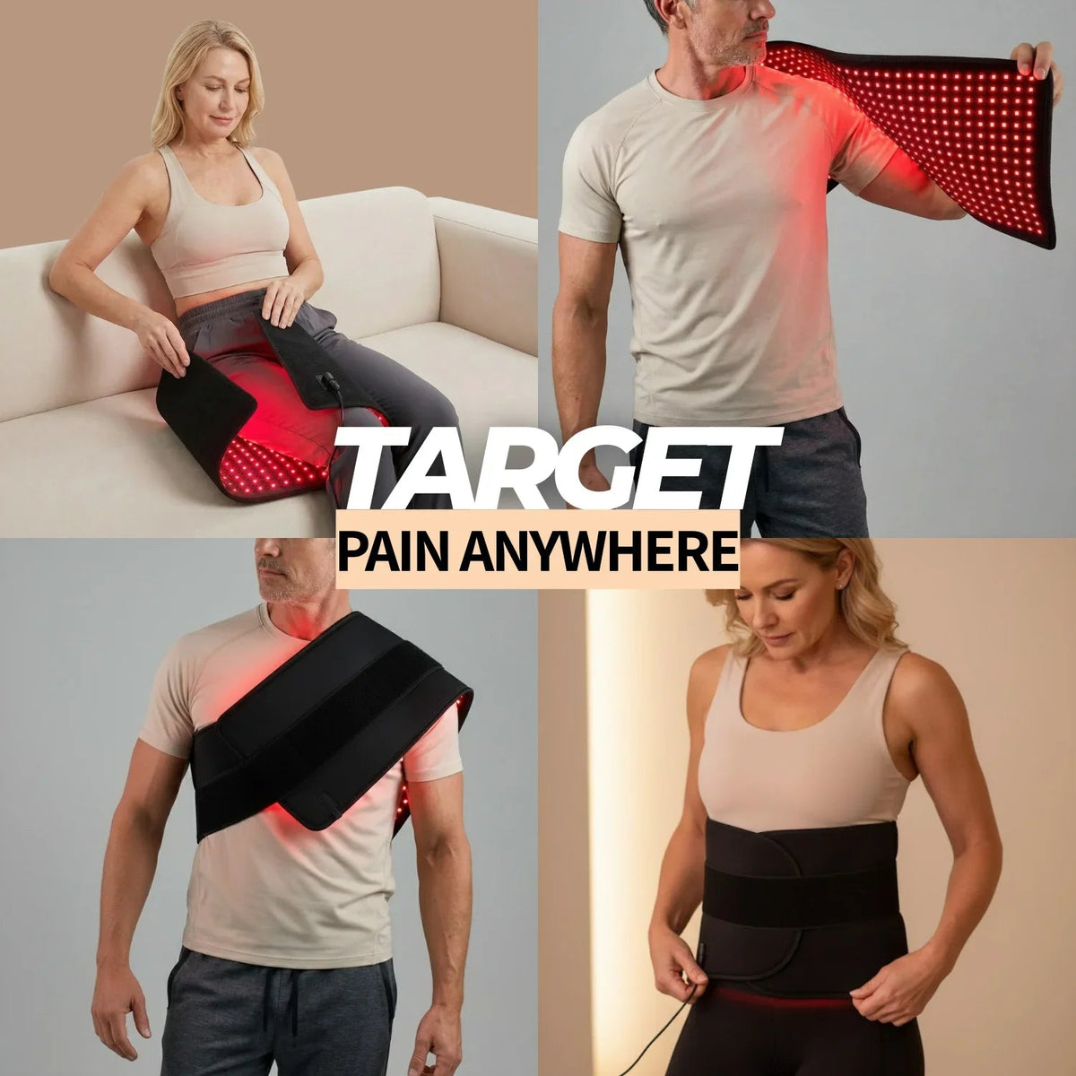 Nicebeam Ultra Pad positioned on the lower back, shoulder, thigh and abdomen