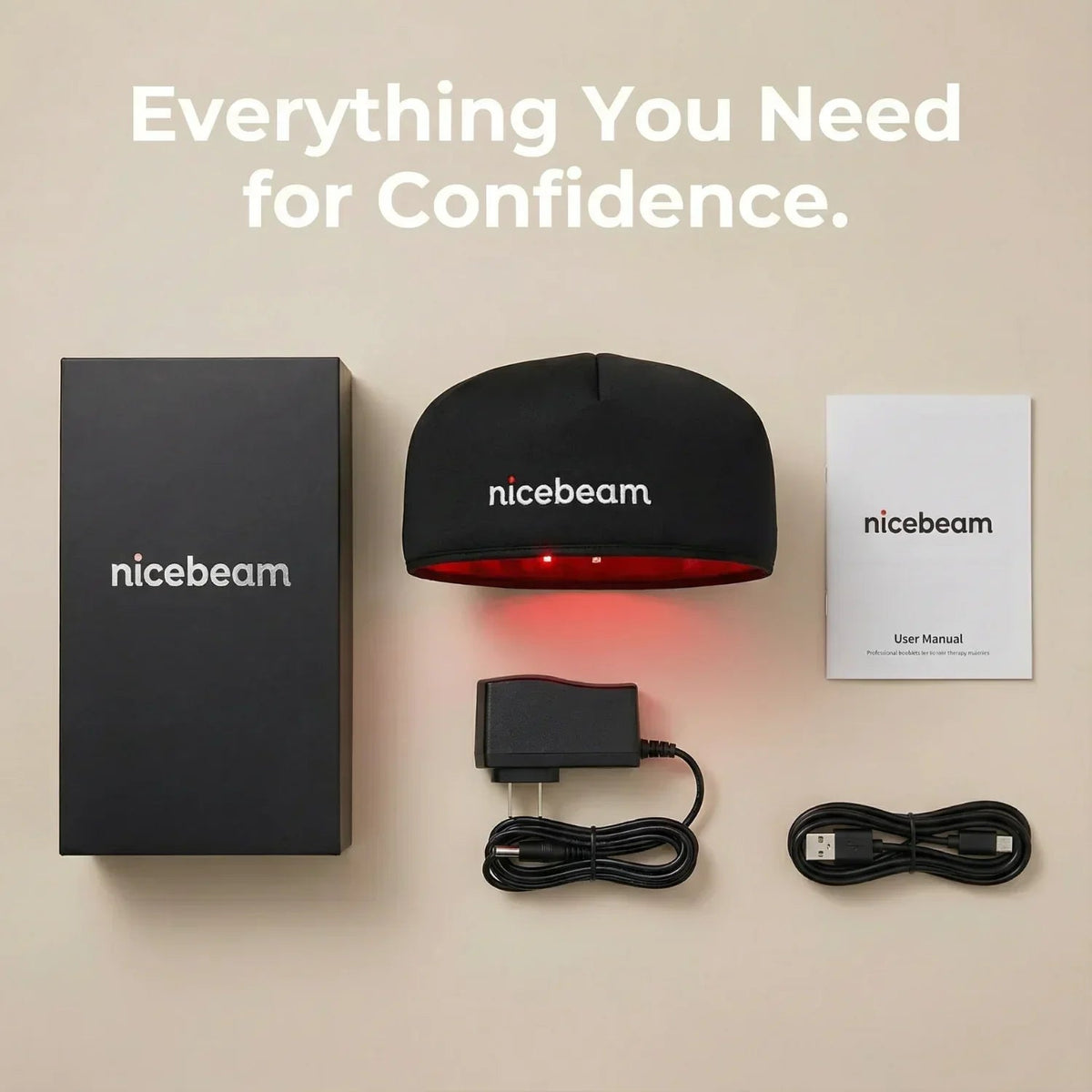Nicebeam Red Light Therapy Hat kit contents with box, charger, cable and manual
