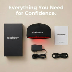 Nicebeam Red Light Therapy Hat kit contents with box, charger, cable and manual