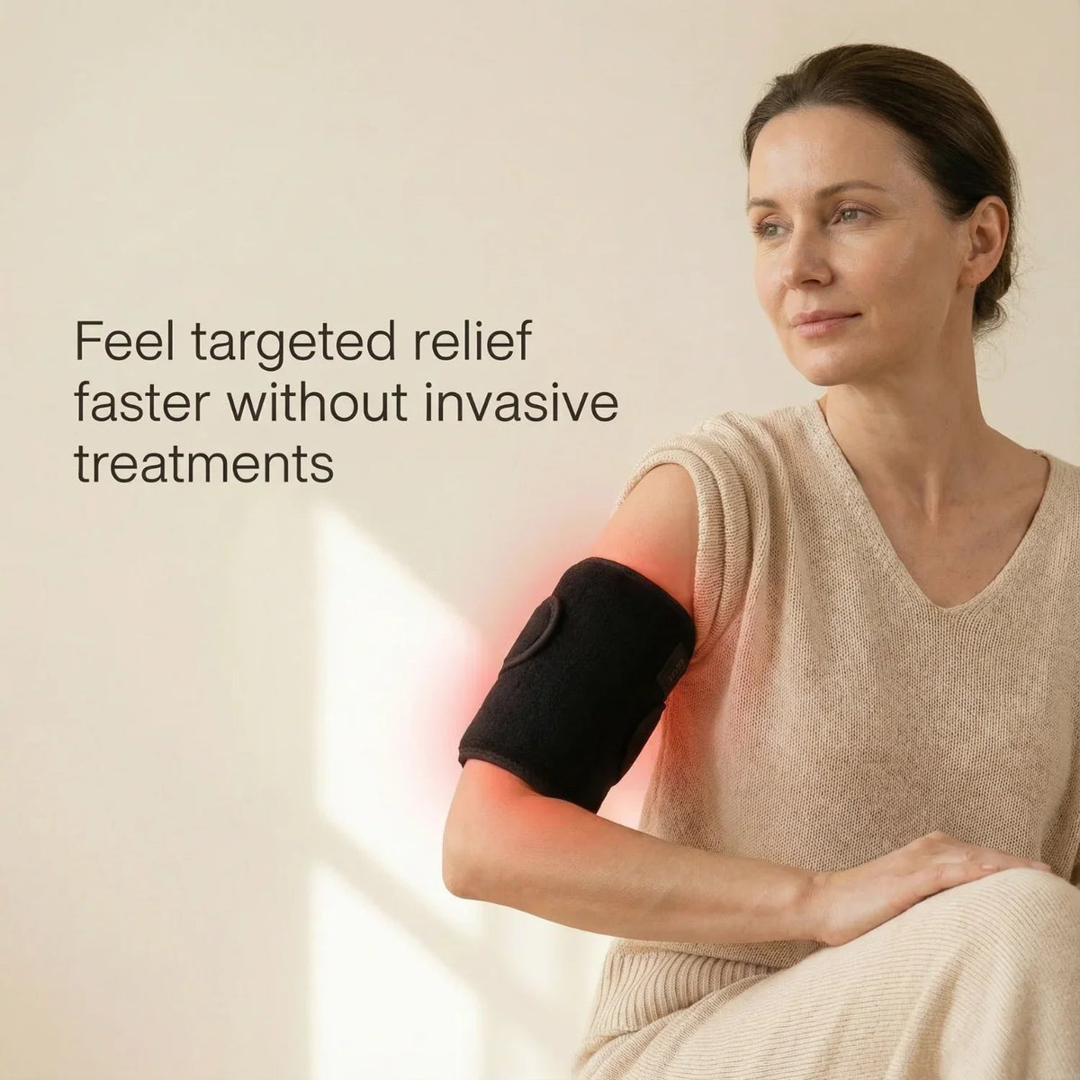 Woman wearing the Nicebeam Red Light Armband on her arm with a short text headline