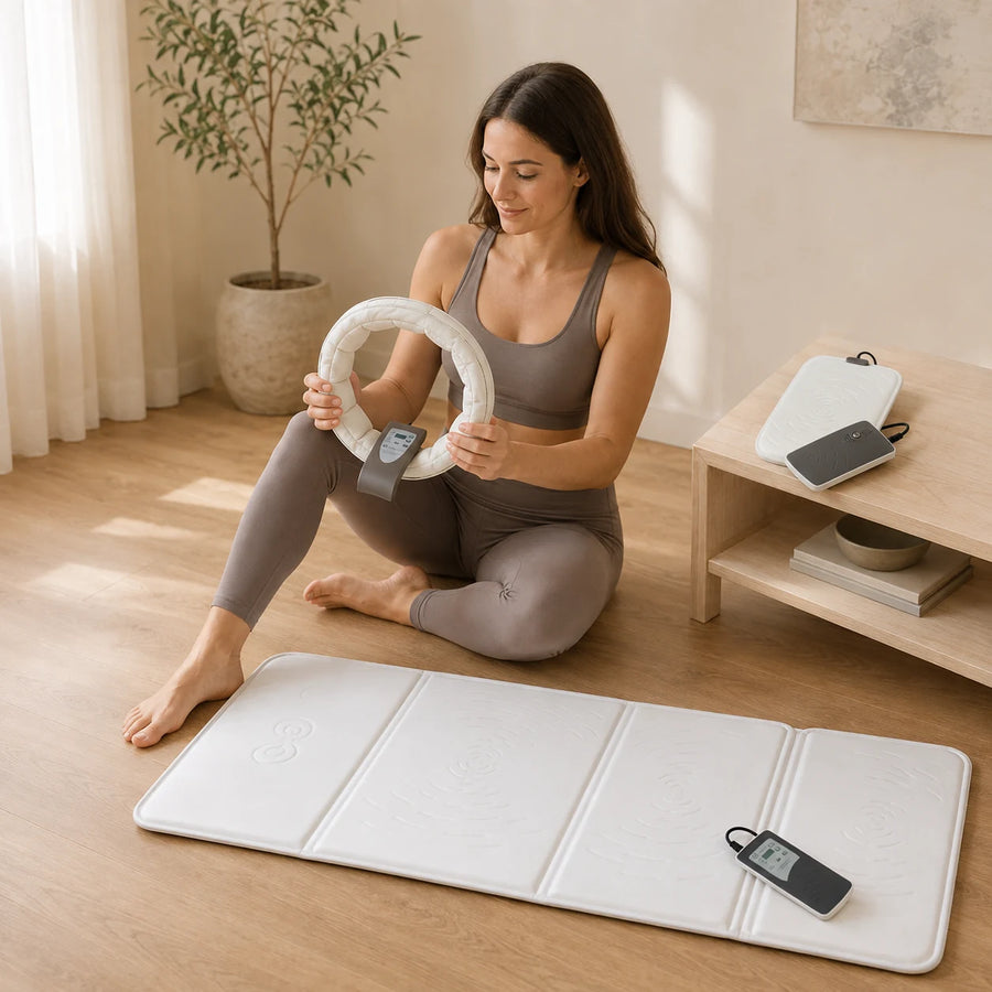 Woman preparing a home PEMF session with the OMI PADS mat, OMI Ring and OMI PulsePad