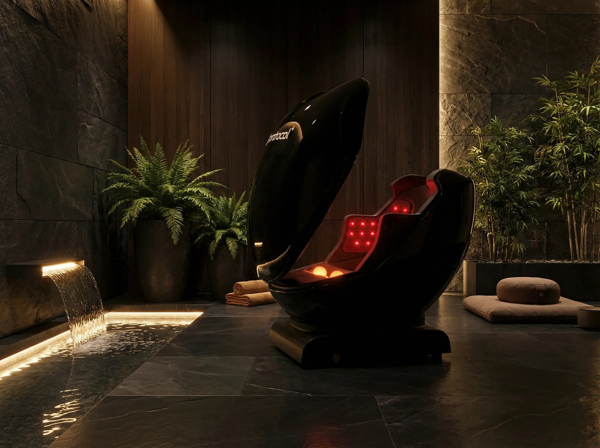 Open Protocol⁴ Cocoon infrared recovery pod inside a private wellness room