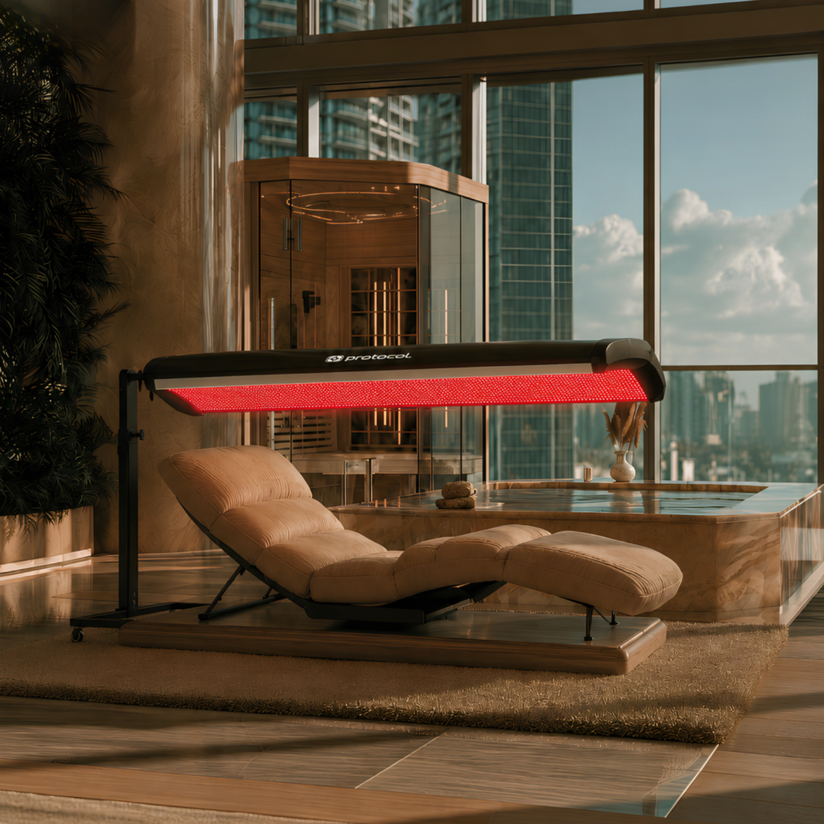 Protocol⁴ P1 light therapy panel positioned horizontally above a wellness lounger