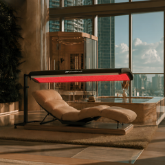 Protocol⁴ P1 light therapy panel positioned horizontally above a wellness lounger