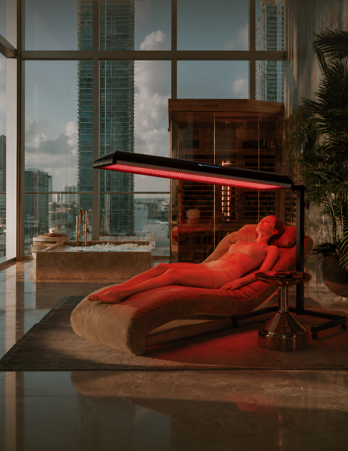 Person using the Protocol⁴ P1 multi wavelength light therapy panel while reclining