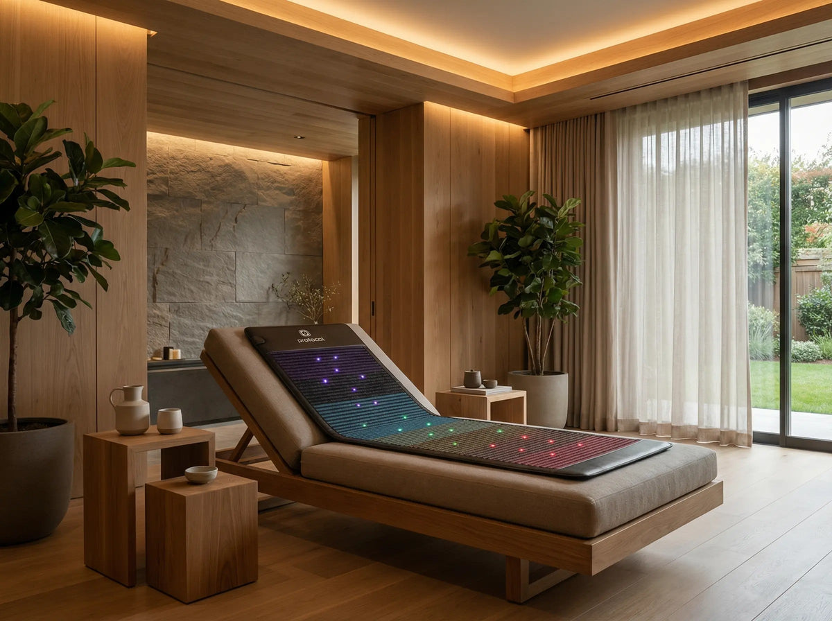 Protocol4 Ultimate infrared PEMF mat, lit and unfolded on a lounger in a wellness room