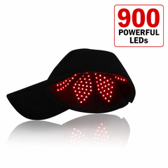 Black Red Light Pro Devices therapy hat open to show illuminated internal LED panels and 900 LED label