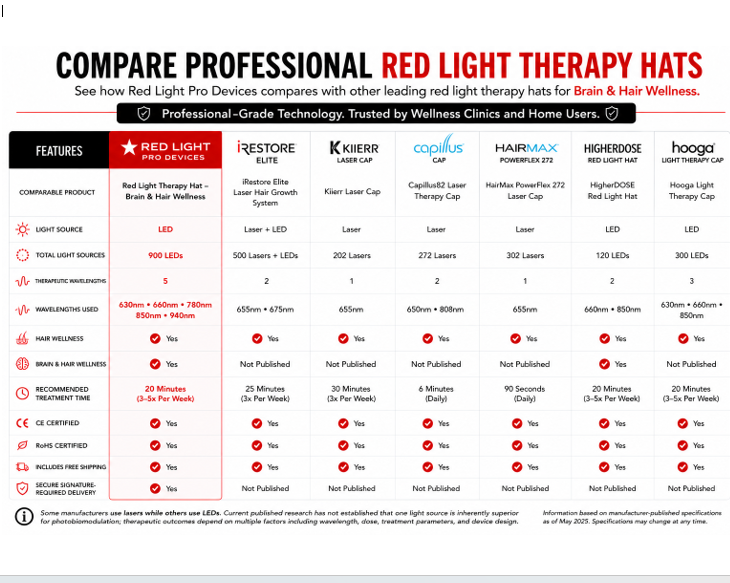 Comparison chart of professional red light therapy hats showing the Red Light Pro Devices 900 LED model and competing caps