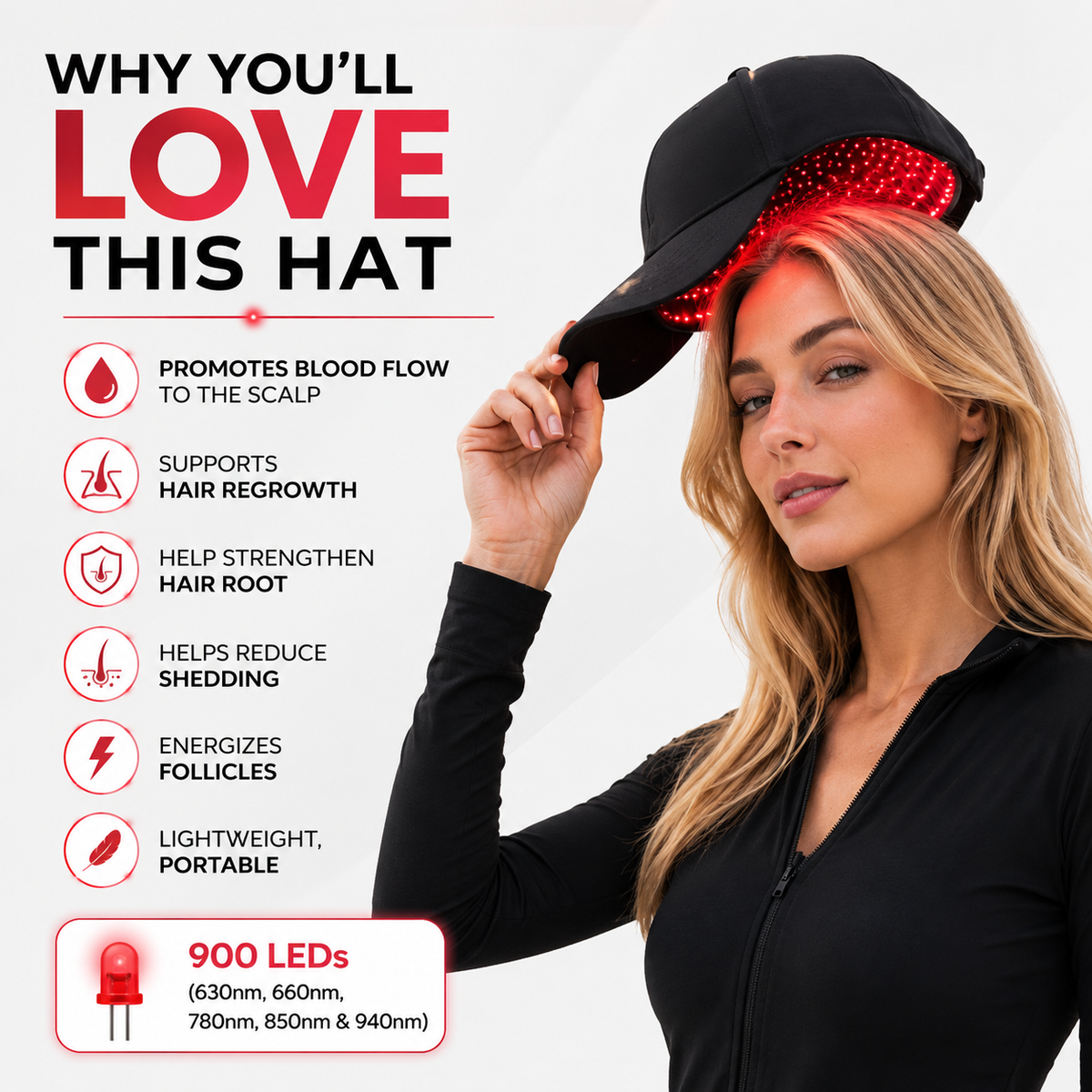 Woman wearing the Red Light Pro Devices therapy hat beside a graphic listing the brand's stated scalp and hair benefits