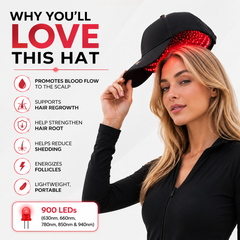 Woman wearing the Red Light Pro Devices therapy hat beside a graphic listing the brand's stated scalp and hair benefits