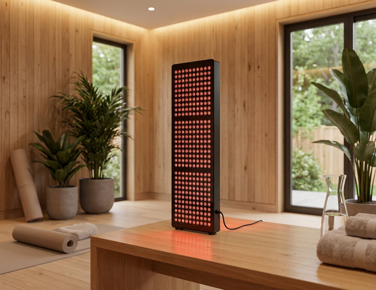Protocol⁴ 1000W red and near infrared light therapy panel illuminated on its floor base