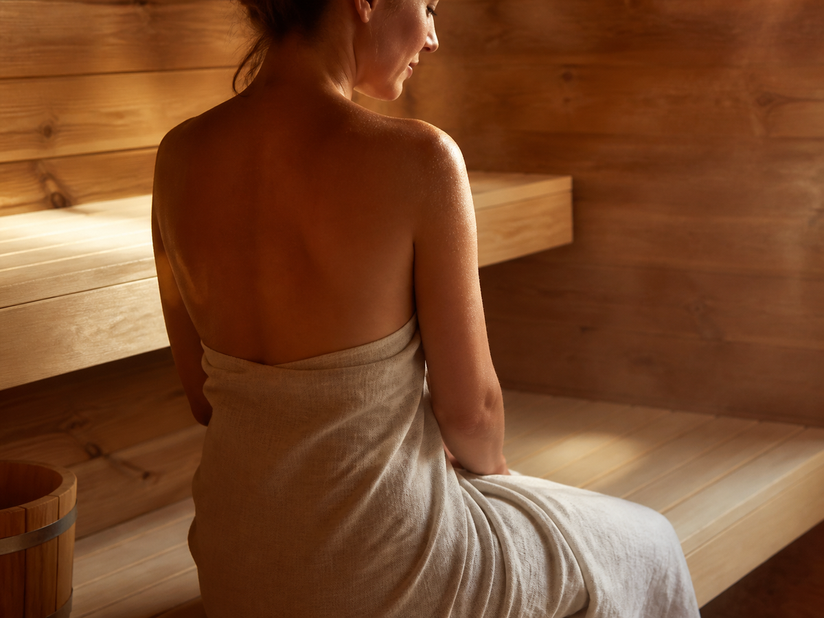 Woman relaxing on a wooden bench during a traditional sauna session