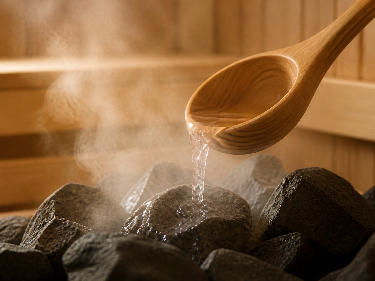 Water being poured over hot sauna stones with rising steam