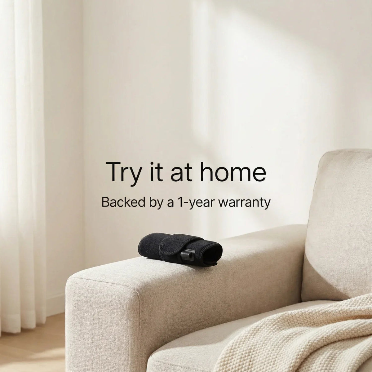 Nicebeam Red Light Armband resting on a sofa arm with a 1 year warranty message