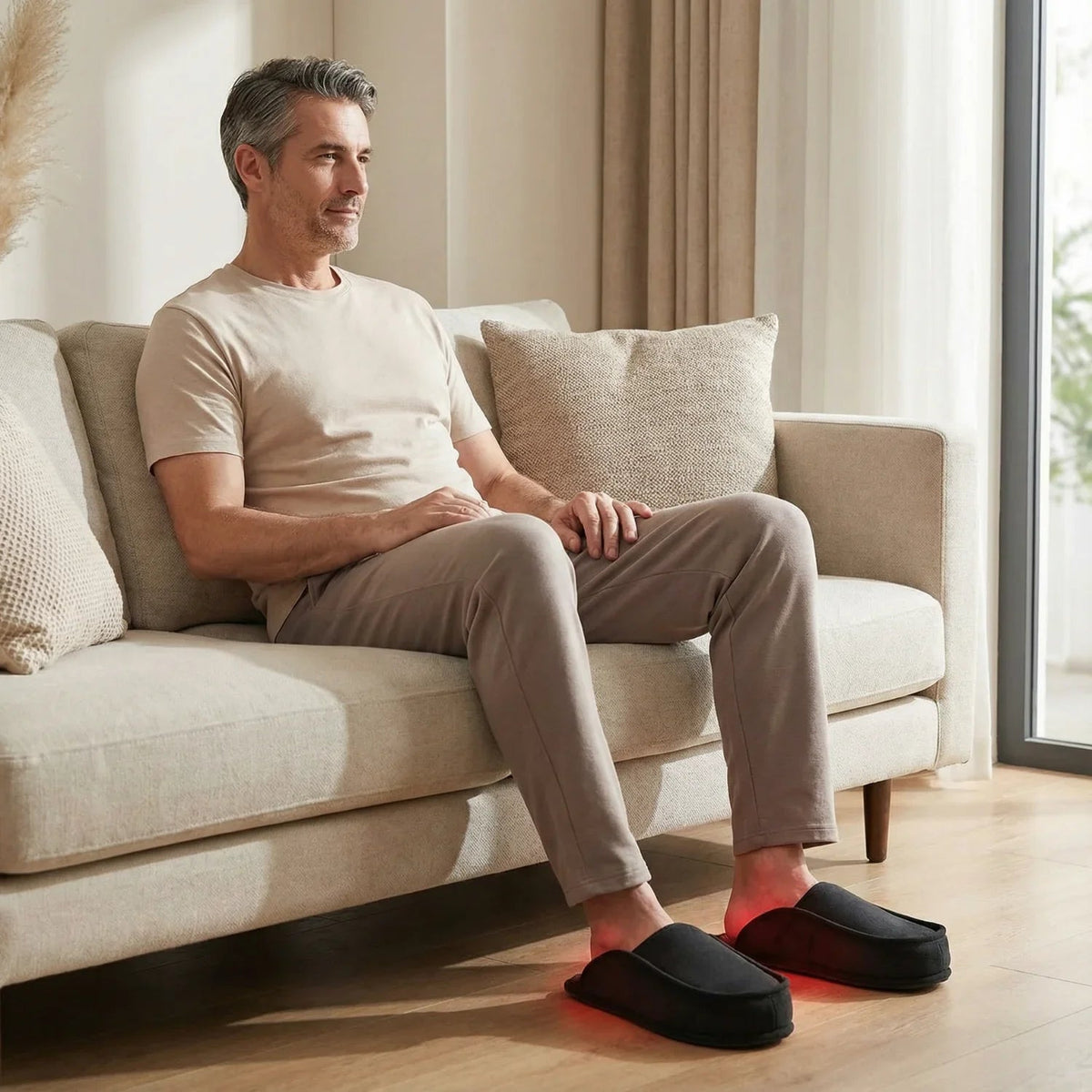 Man sitting on a sofa wearing Nicebeam red light therapy slippers