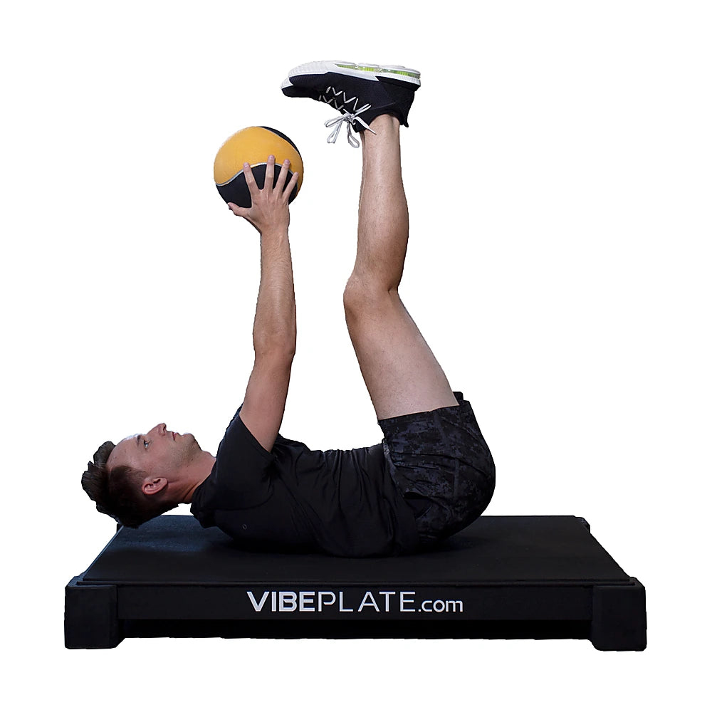 Man performing a lying dumbbell press on the VibePlate 3048