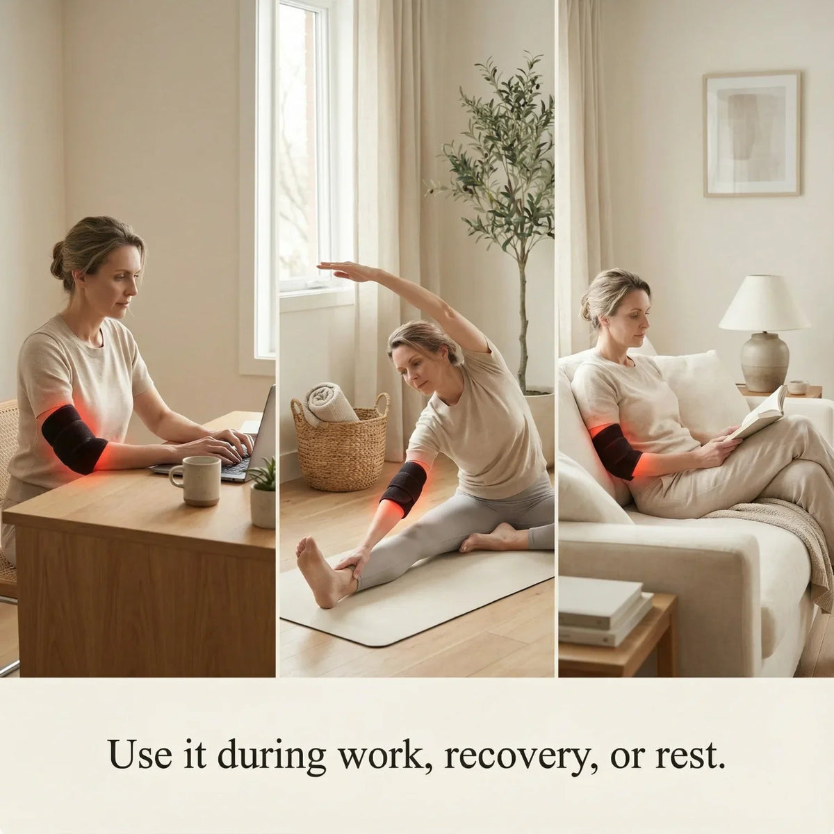 Three photos of a woman wearing the Nicebeam Red Light Armband at work, stretching and resting