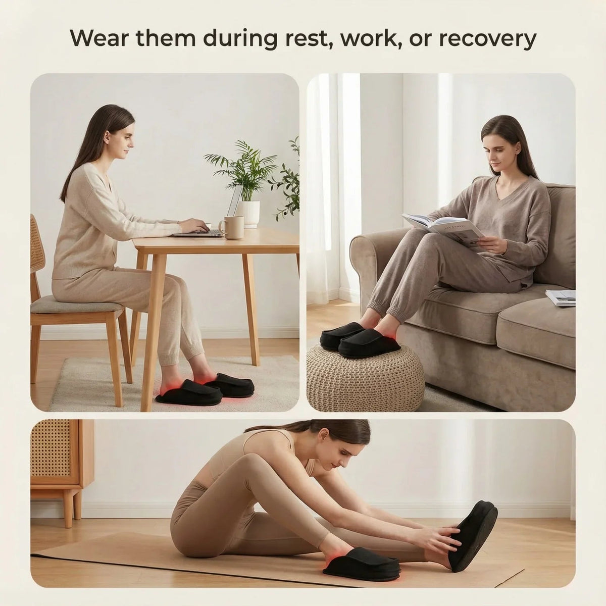 Three photos of a woman wearing Nicebeam Red Light Therapy Slippers at rest, work and stretching